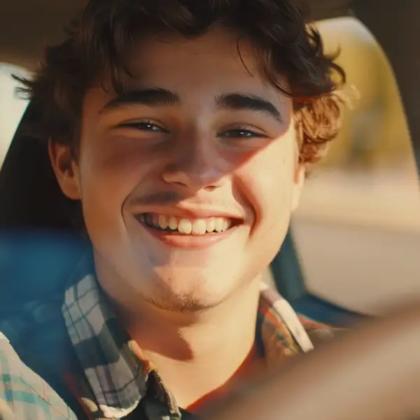 Fotografie eines glücklichen jungen Autofahrers innerhalb seiner Probezeit