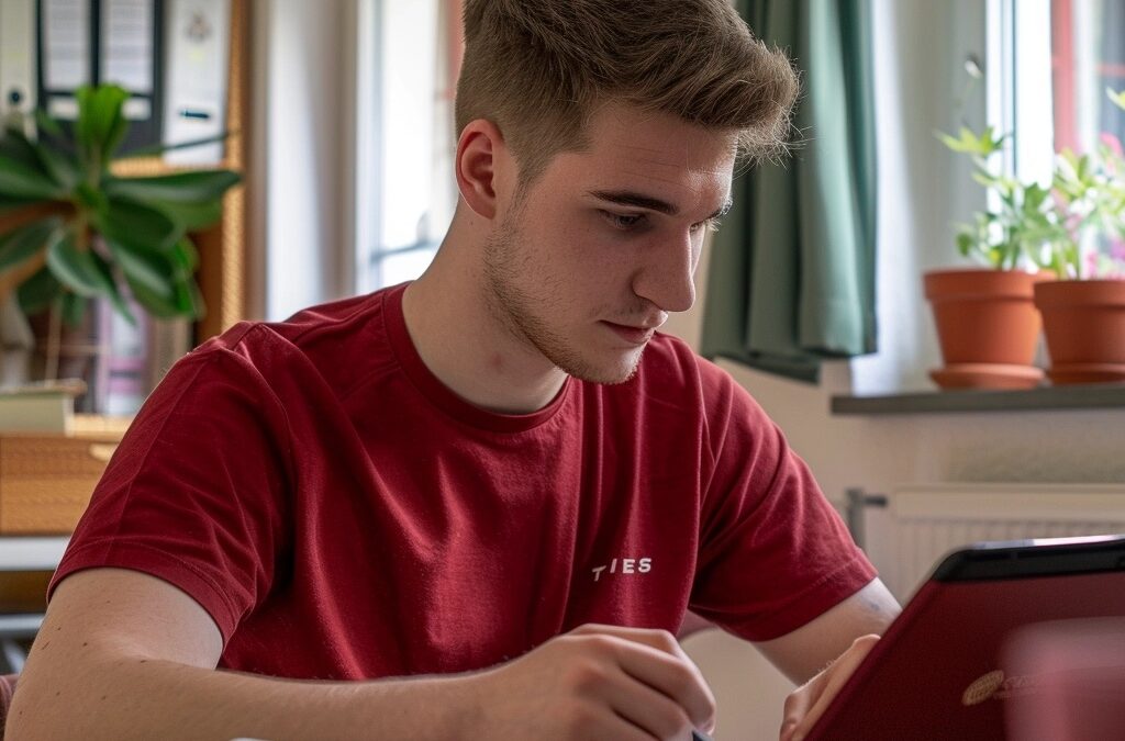 Junger Mann lernt für die theoretische Führerscheinprüfung in einer Fahrschule in Aachen