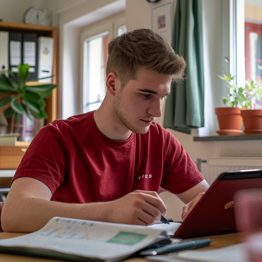 Junger Mann lernt für die theoretische Führerscheinprüfung in einer Fahrschule in Aachen