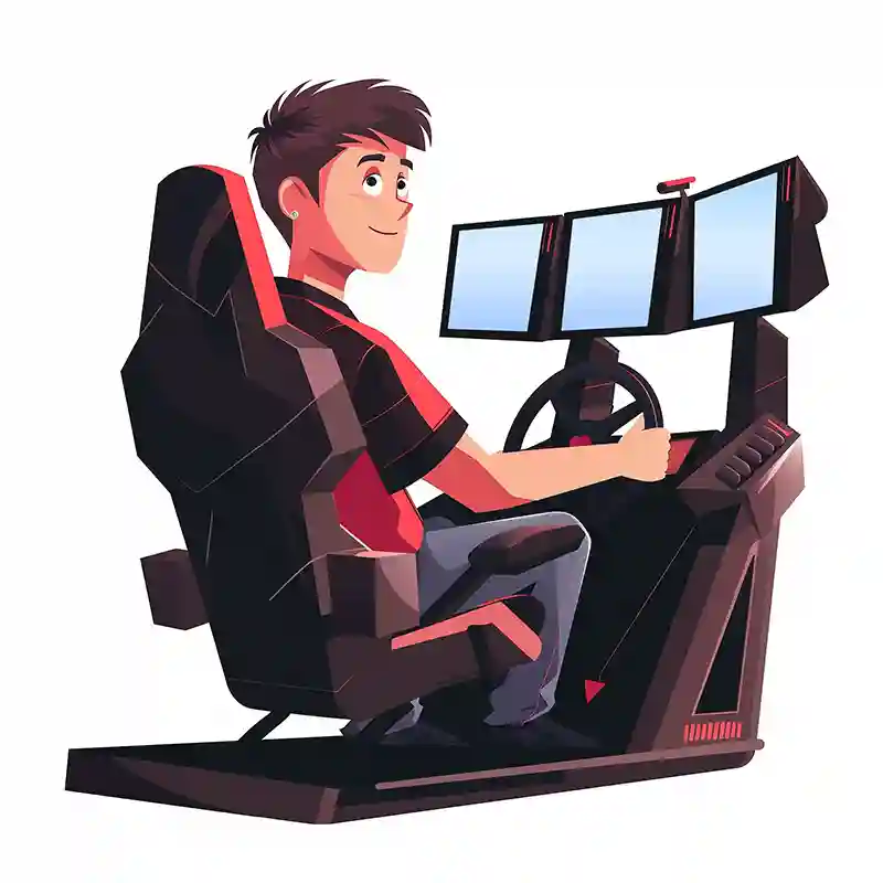 Illustration von einem Fahrschüler auf einem Fahrsimulator für den PKW Führerschein